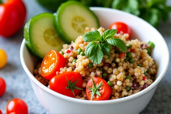Un plato colorido de ensalada de quinoa con verduras frescas y aguacate.