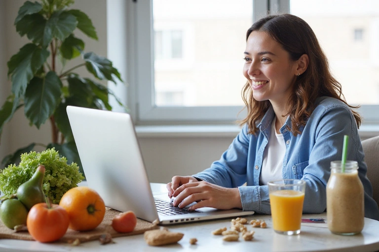Persona usando un portátil para una consulta online con alimentos saludables en la mesa