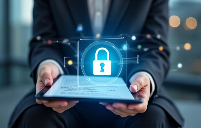 Una persona llenando un formulario digital con un candado de seguridad en la pantalla, representando la recopilación segura de datos.