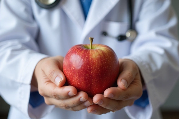 Manos sosteniendo un estetoscopio y una manzana, simbolizando la conexión entre medicina y nutrición para la salud.