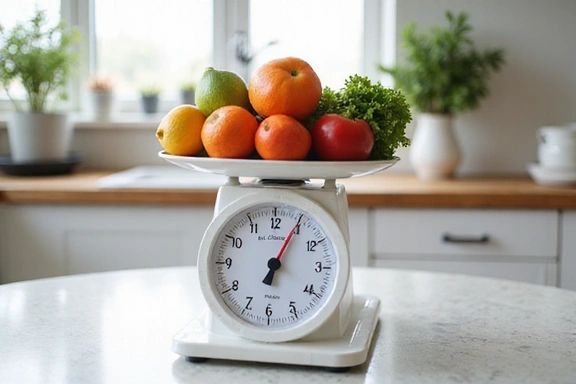 Una balanza de cocina con frutas y verduras, simbolizando el equilibrio y el control en una dieta saludable.