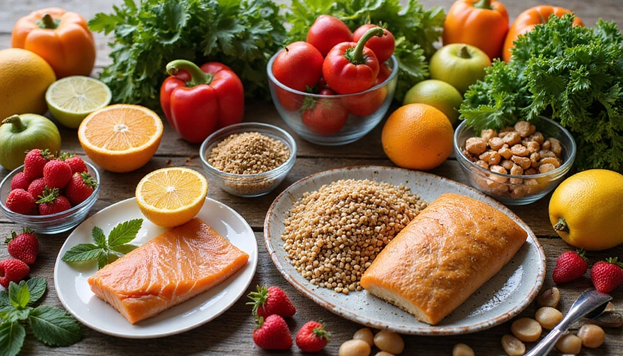 Mesa llena de alimentos frescos y saludables, como frutas, verduras, granos integrales y proteínas magras, dispuestos de forma atractiva.